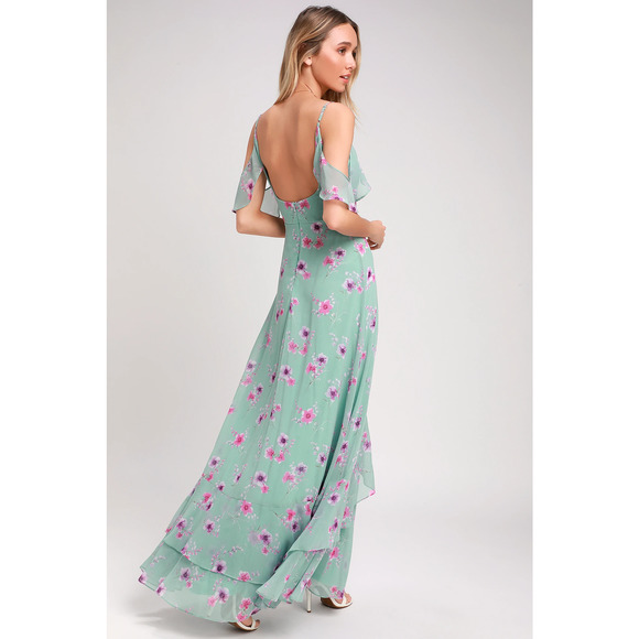 Lulus Maxi Dress XS Mint Green Floral Print Off Shoulder Take You There - Picture 4 of 14
